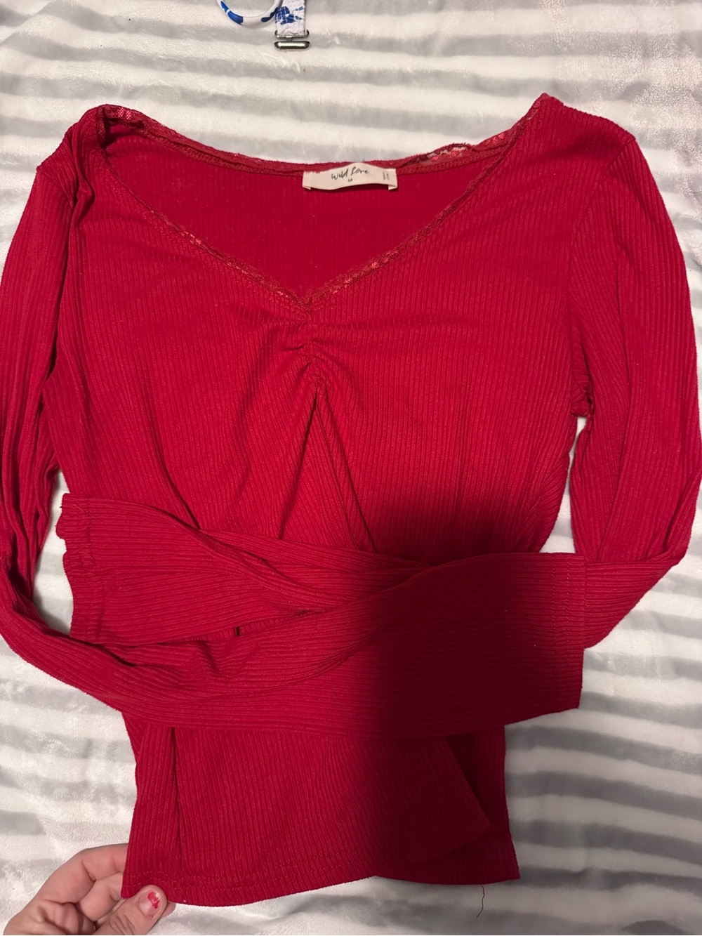 Wild Fable Red Ribbed Long-Sleeve V-Neck Top